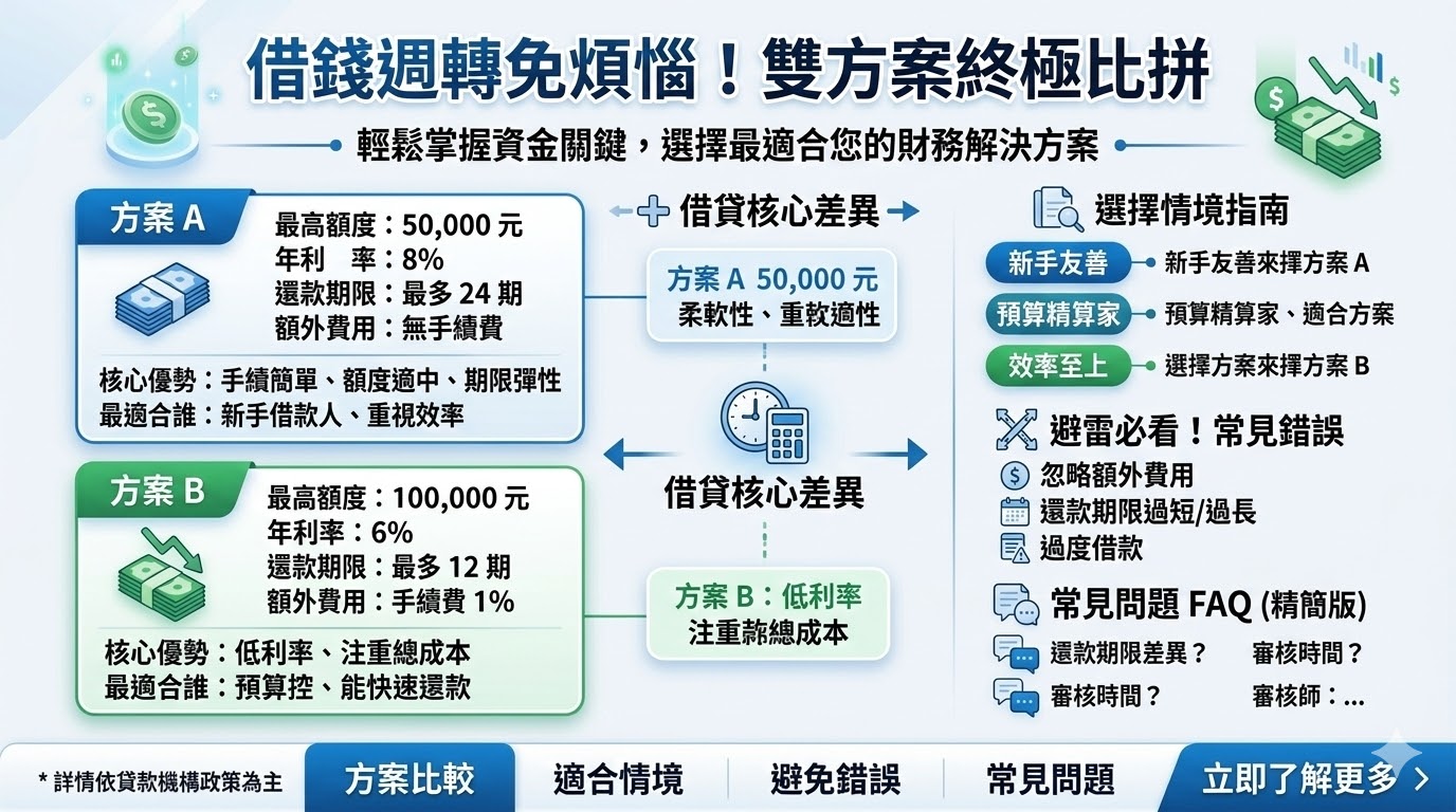 在選擇借錢週轉方案時，了解不同方案的比較是至關重要的。本文將為您介紹兩種主要的借錢週轉方案，詳細比較它們的借款額度、利率、還款期限及額外費用，幫助您選擇最適合的方案。無論您是新手借款人還是有特定需求的借款人，本文將根據您的需求提供最佳建議，避免常見錯誤，讓您在借錢週轉過程中更加明智，選擇最具性價比的方案。