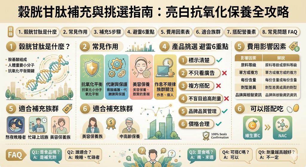 穀胱甘肽是人體內一種重要的抗氧化劑，廣泛應用於保健食品中。本文深入探討穀胱甘肽的主要功能，包括其抗氧化作用、代謝支持及美容效果等，並提供如何選擇穀胱甘肽產品的實用指南。無論你是想增強健康、改善氣色，或是選擇適合的穀胱甘肽產品，這篇文章都將為你解答疑問，幫助你做出更明智的補充決策。