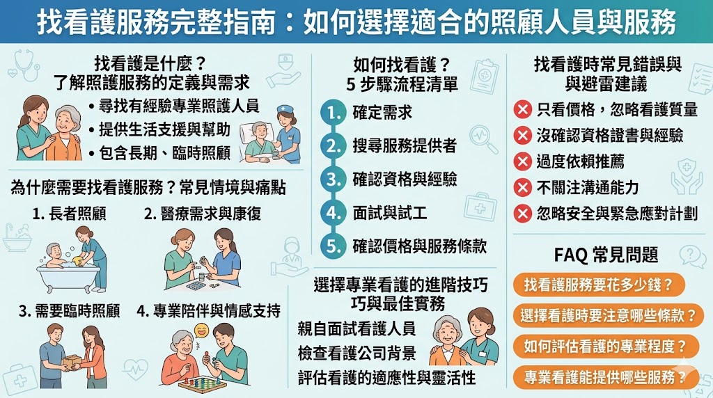 當需要找看護服務時，選擇專業看護人員是確保長者或病患健康的重要步驟。無論是長期照顧還是臨時需求，正確的選擇可以提高照顧質量並減少風險。本文將介紹如何找看護、選擇合適的看護服務及避免常見的錯誤，讓您能夠為家人選擇到最適合的專業照顧服務，確保他們得到最好的照顧與關懷。