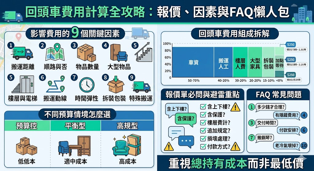 第一次找搬家公司時,很多人會想知道回頭車費用怎麼算、回頭車報價差在哪。本文整理回頭車費用組成、影響價位的因素、不同預算情境與報價單必問問題,幫助你在搬家、家具運送或跨縣市搬運前,快速了解回頭車適合哪些需求,並掌握詢價時該準備的資料。
