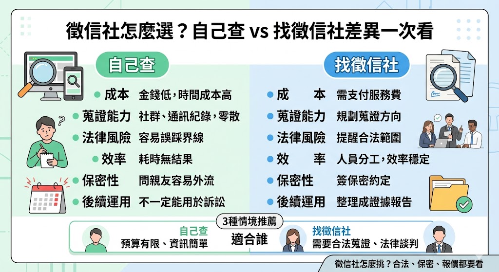 想找徵信社卻不知道怎麼選?本文整理徵信社服務內容、費用差異、自己查與委託徵信社的優缺點,並解析婚姻調查、外遇蒐證、行蹤查證、債務協尋與商業背景查核等常見需求,幫助你判斷什麼情況適合自己查,什麼情況需要找專業徵信社協助,避免踩雷並做出更安全的選擇。