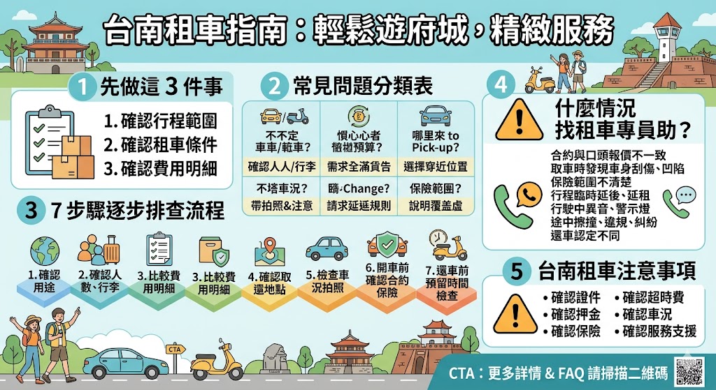 台南租車前先了解車型選擇、費用明細、保險範圍與取還車流程,能有效避免臨時加價或車況爭議。本文整理台南租車常見問題、排查步驟與注意事項,幫助旅客、家庭與商務族快速找到適合的租車方式,讓台南行程安排更順暢安心。