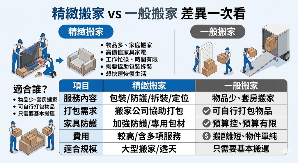 精緻搬家適合物品多、家具家電價值高、時間有限或希望搬家公司協助包裝、防護、拆裝與定位的人。選擇精緻搬家時,建議先比較服務內容、包材是否包含、家具拆裝範圍、搬運距離與費用明細,才能避免搬家當天追加費用,也能讓搬遷流程更省心、安全又有效率。