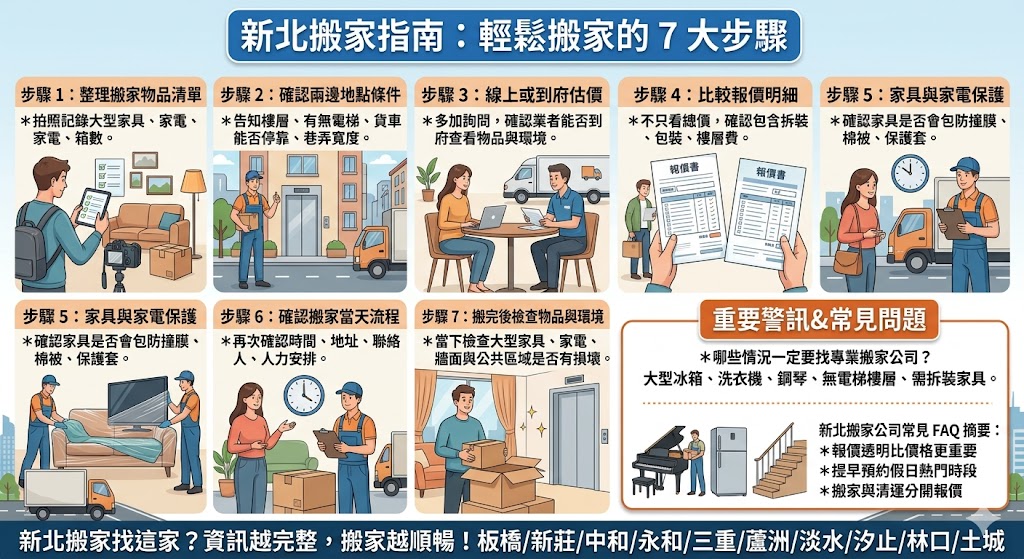正在找新北搬家公司卻不知道怎麼比較?本文整理新北搬家公司挑選重點,從搬家報價、物品估算、樓層電梯、家具保護、打包清運到搬家當天注意事項,幫助你快速判斷哪種服務最適合,避免只看低價卻忽略加價項目、搬運風險與現場溝通問題,讓新北搬家流程更清楚、更有效率,也更不容易踩雷。