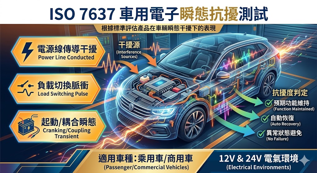 ISO 7637 是車用電子產品常見的瞬態抗擾測試標準,主要評估車輛電源線與線束中產生的傳導、耦合干擾對產品功能的影響。本文整理 ISO 7637 適用產品、測試流程、實驗室挑選、費用影響因素與常見失敗原因,協助車用控制器、感測器、電源模組與車載設備在開發、驗證與送測前掌握重點,降低測試溝通成本並提升產品可靠度評估效率。