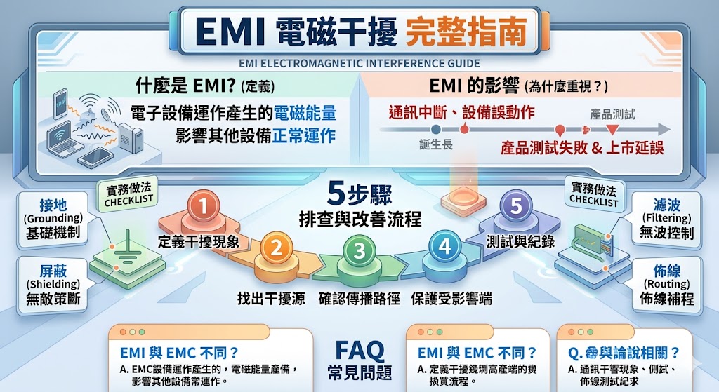 EMI電磁干擾是電子產品與工業設備常見的穩定性問題,可能造成訊號不穩、通訊中斷、設備誤動作或產品測試不合格。了解EMI電磁干擾的來源、傳播路徑與改善方式,有助於工程團隊從電源、接地、屏蔽、濾波與線材配置等面向進行排查,降低干擾風險,提升產品可靠度、測試通過率與實際使用表現。