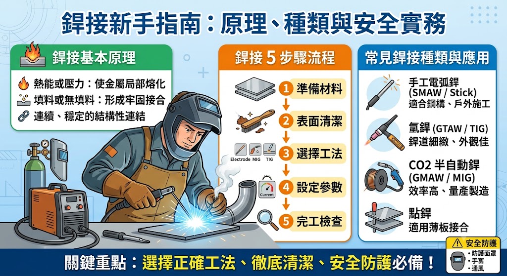 銲接是金屬加工、鋼構工程、機械製造與設備維修中常見的接合技術,透過熱能、壓力或填充材料,讓金屬工件形成穩定連結。想做好銲接,除了選擇合適的銲接方式,也要注意材料清潔、電流設定、施工角度、安全防護與完工檢查,才能降低變形、裂紋、氣孔與銲道不良等問題,提升結構強度與使用壽命。